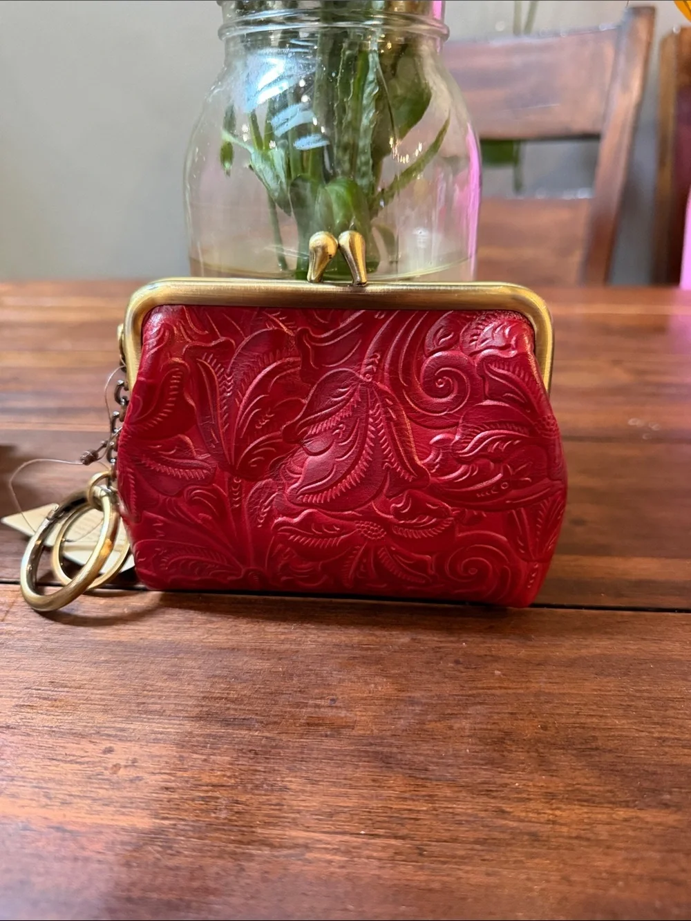 Patricia Nash Red Tooled Leather Kiss Lock Coin Purse Keychain NWT